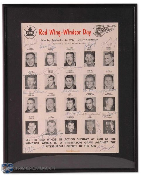 Framed Autographed 1962-63 Detroit Red Wings Exhibition Game Promotional Poster, Including Sawchuk Signature