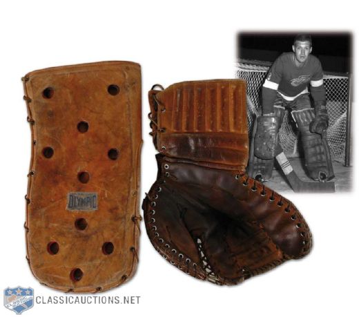 1960s Detroit Red Wings Game Worn Goalie Gloves by Olympic