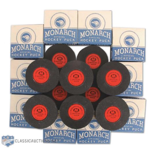 Vintage Monarch Hockey Puck in Box Collection of 10