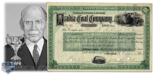 1900 Stock Certificate Signed by Sir Montagu Allan Donator of the Allan Cup