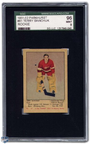 Terry Sawchuk 1951-52 Parkhurst Rookie Card Graded Mint 9