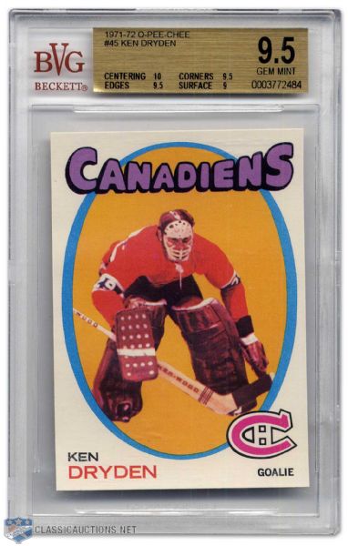 Ken Dryden 1971-72 OPC Rookie Card Graded BVG 9,5