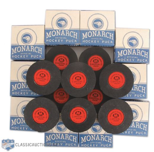 Vintage Monarch Hockey Puck in Box Collection of 10