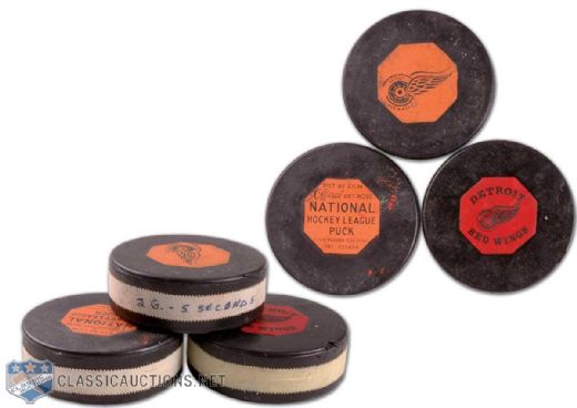 Norm Ullmans Historic Detroit Red Wings Goal Puck Collection of 3, Including 1965 Playoff Record "Two Goals in 5 Seconds" Puck