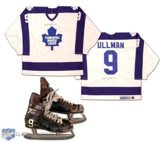 Norm Ullmans Late-1960s Game Used CCM Tacks Skates and Signed Maple Leafs Number 9 Jersey