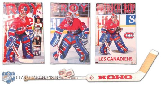 1992-93 Patrick Roy Koho Game Stick, Game Used Wristbands and Signed Posters (3)