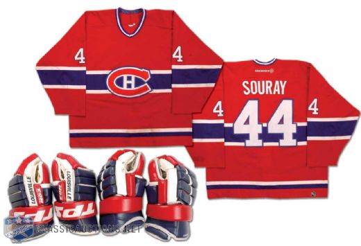 2000-01 Sheldon Souray Montreal Canadiens Game Worn Jersey & 2 Pairs of Gloves
