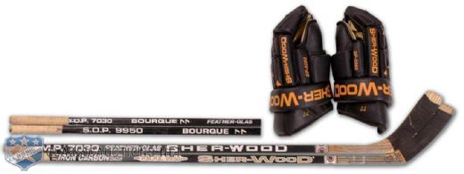 Raymond Bourque Game Used Stick Collection of 2, Plus Game Issued Gloves