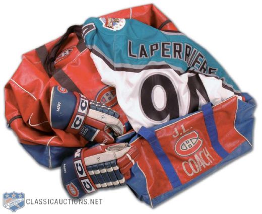 Jacques Laperriere Montreal Canadiens Coaching Collection of 4, Including Gloves, Bags (2) & 1994 All-Star Game Jersey
