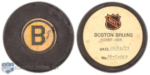 1973-74 Bobby Orr Goal Puck, Featuring NHL Goal Puck Program Label