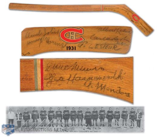 1931-32 Montreal Canadiens Team Signed Mini Stick, Including Howie Morenz, George Hainsworth, Sylvio Mantha and Cecil Hart