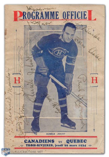 1934 Montreal Canadiens Team Signed Program, Including Deceased HOFer Aurele Joliat Plus Chabot, Burke and Gagnon