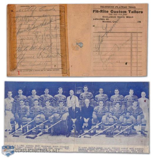 1943-44 Stanley Cup Champions Montreal Canadiens Team Signed Sheet Autographed by 9, Including Bill Durnan, Toe Blake & Maurice Richard