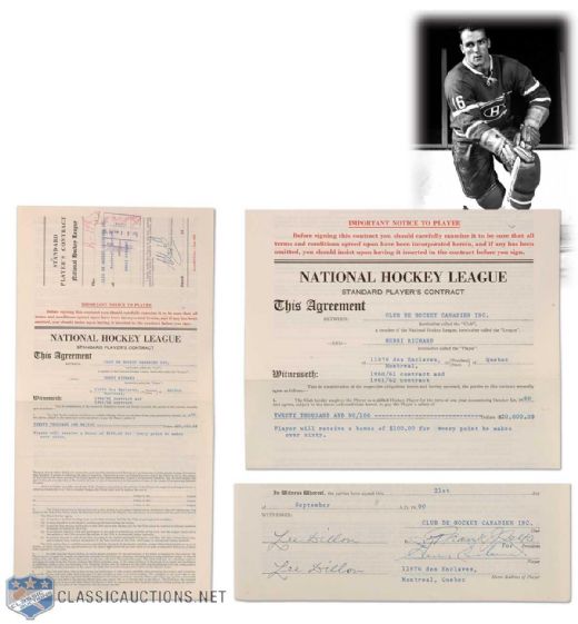 1960-62 Henri Richard Montreal Canadiens Contract Signed by Richard, Selke & Campbell
