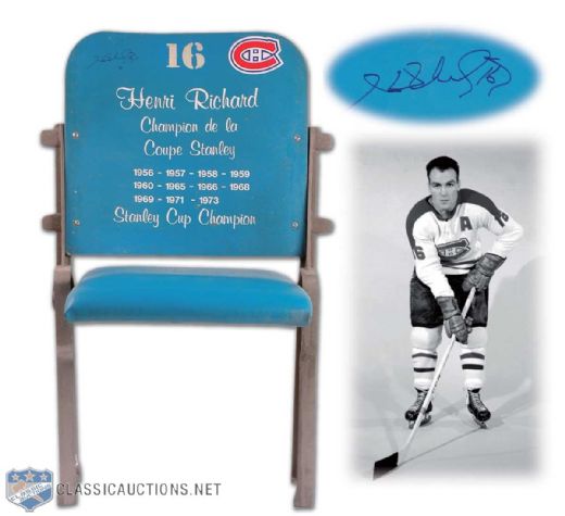 Henri Richard Autographed Blue Montreal Forum Single Seat