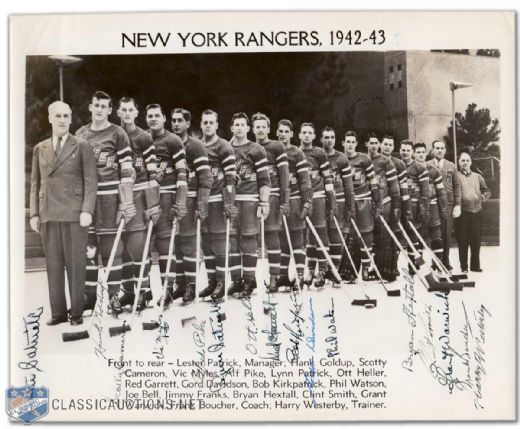 1942-43 New York Rangers Team Signed Photo, Including Deceased HOFers Lester and Lynn Patrick, Hextall, Boucher and Clint Smith