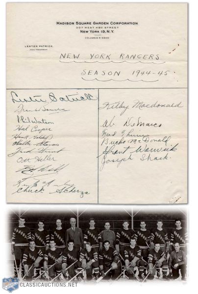1944-45 New York Rangers Team Signed Sheet, Including Deceased HOFers Lester Patrick and Frank Boucher