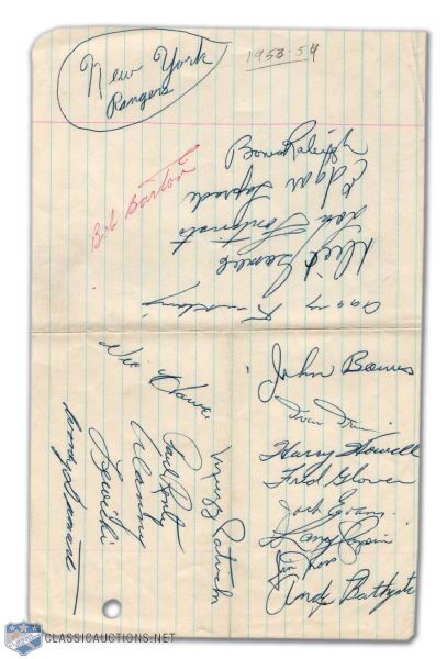1953-54 New York Rangers Team Signed Sheet, Including Rookie Johnny Bower