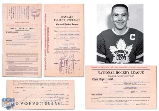 1956-57 George Armstrong NHL Maple Leafs Contract Signed by 3 Hall-of-Famers