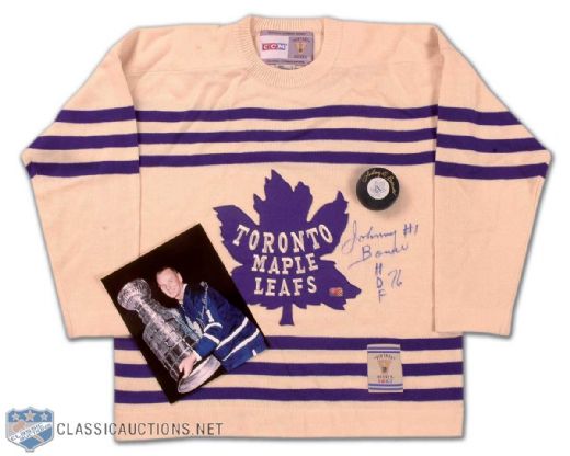 Johnny Bower Toronto Maple Leafs Autographed Vintage-Style Jersey, Photo & Puck