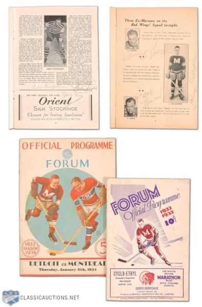 1930s Montreal Forum Programs Collection of 2, Featuring 7 Original Detroit Red Wings Autographs, Including Deceased HOFers Voss, Goodfellow and Lewis