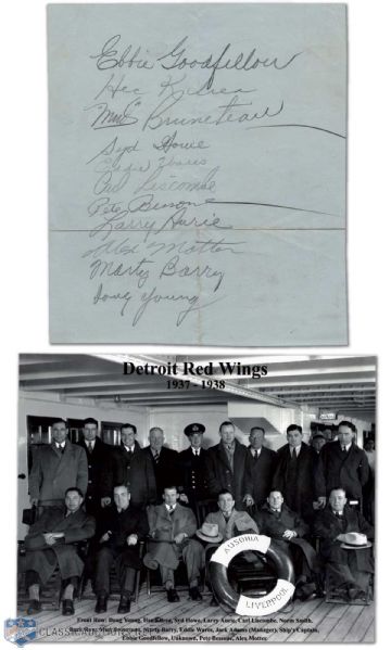 1937-38 Detroit Red Wings Team Signed Autograph Sheet, Including Deceased HOFers Ebbie Goodfellow, Syd Howe and Marty Barry