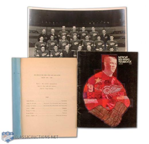 Vintage Detroit Red Wings Memorabilia Collection of 3, Including 1941-42 Team Photo, Rare 1947-48 Large Media Guide & 1968-69 Yearbook Signed by Howe
