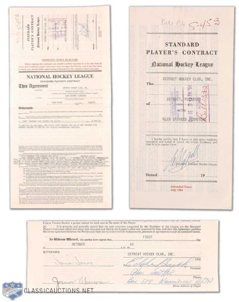 1964-65 Glen Sather Detroit Red Wings NHL Contract Signed by Sather & Clarence Campbell