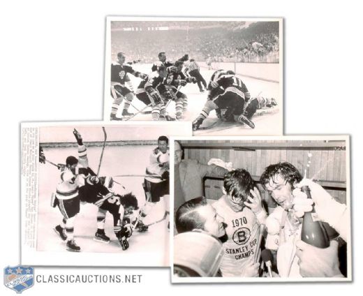 1970 Boston Bruins Stanley Cup Photo Collection of 3, Including Bobby Orr Cup Winning Goal Celebration