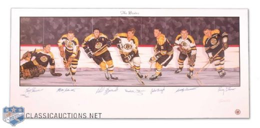 Boston Bruins Lithograph Autographed by 7 HOFers Including Orr (18"x 39")