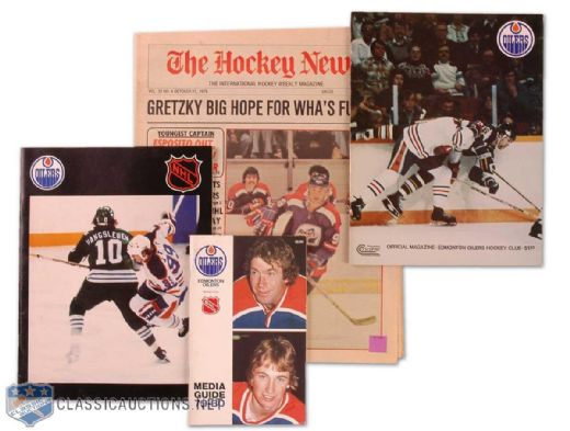 Wayne Gretzky First WHA & NHL Seasons Collection of 4, Including 1978 Hockey News & 1979-80 Edmonton Oilers Media Guide