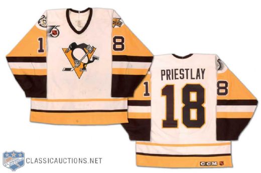 1991-92 Ken Priestlay Pittsburgh Penguins Game Worn Jersey, Including "Badger", Penguins 25th & NHL 75th Anniversary Patches