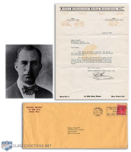 1936 Letter Signed by Boston Bruins President Charles Adams