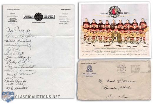 1936-37 Chicago Black Hawks Team Signed Letterhead with Envelope & Team Picture