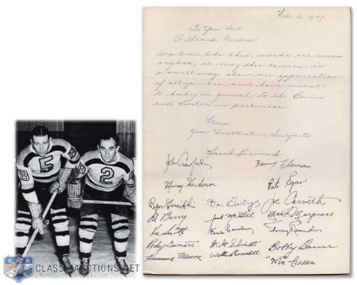 Dit Clapper Night Original 1946-47 Boston Bruins Team Signed Letter Handwritten by Frank Brimsek and Signed by 20, Including Brimsek, Schmidt, Bauer & Dumart