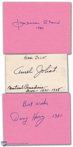 Deceased Montreal Canadiens Hall-of-Famers Autograph Collection of 3, Featuring Aurele Joliat, Doug Harvey and Jacques Plante