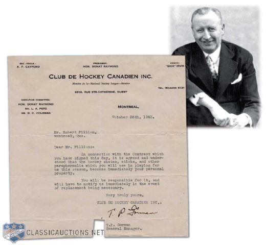 1943 Letter Signed by Deceased Hall-of-Famer Tommy Gorman