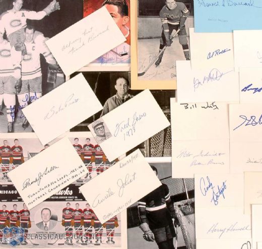 Signed Index Card Collection of 50+ with Joliat, Selke, Pratt, Shero +++