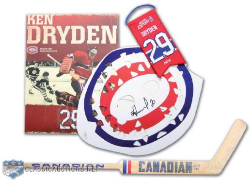 Ken Dryden 1976-77 Montreal Canadiens Team Signed Goalie Stick Plus Jersey Retirement Night Memorabilia Collection of 3 Featuring Vladislav Tretiak Autograph