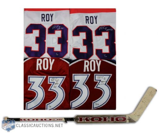 Ultimate Hall-of-Famer Patrick Roy Collection of 5, Featuring 4 "First in Set" Limited Edition Signed Roy Jerseys Plus Game Used Stick