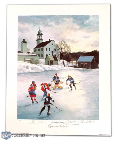 Signed "Saturday Morning" Limited Edition Lithograph Autographed by Gordie Howe, Maurice Richard & Bobby Hull (17 3/4" x 14")