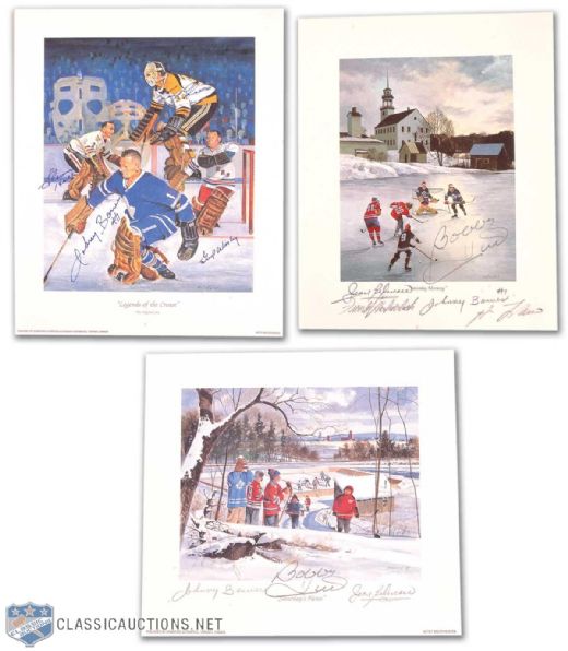 Signed Lithograph Collection of 3 Featuring 8 HOFers Autographs, Including Hull, Beliveau, Lafleur, Mahovlich, Bower, Cheevers, Hall & Worsley
