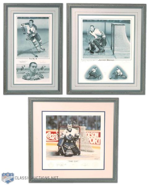 Maple Leafs Greats Signed Framed Lithograph Collection of 3, Featuring Johnny Bower, Frank Mahovlich & Felix Potvin