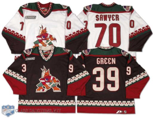 1999-2000 Phoenix Coyotes Jersey Collection of 2, Including Game Worn Kevin Sawyer and Team Issued Travis Green