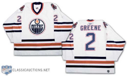 Matt Greenes 2005-06 Edmonton Oilers White Playoffs Game Worn Jersey ? Photo Matched!