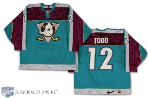 Kevin Todd 1997-98 Mighty Ducks of Anaheim Game Worn Alternate Road Jersey