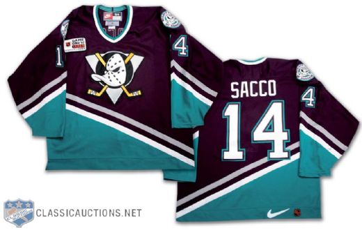 Joe Sacco 1997-98 Mighty Ducks of Anaheim Game Worn Jersey with Game ONe Japan Patch
