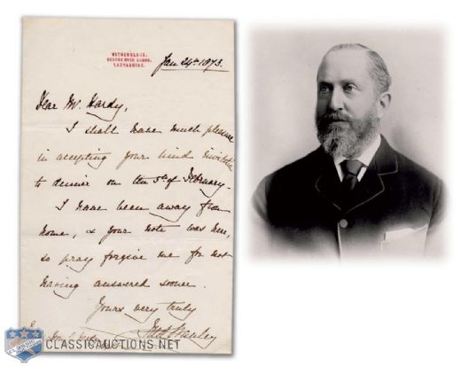 1873 Lord Stanley Handwritten Letter with Rare "Fred Stanley" Signature