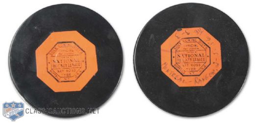 1950-58 Art Ross NHL Game Used Puck Collection of 2