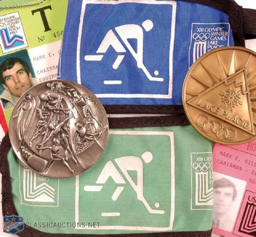1980 Lake Placid Olympic Village and Participation Medal, ID Pass and "Miracle On Ice" Hockey Tournament Armband Collection of 7